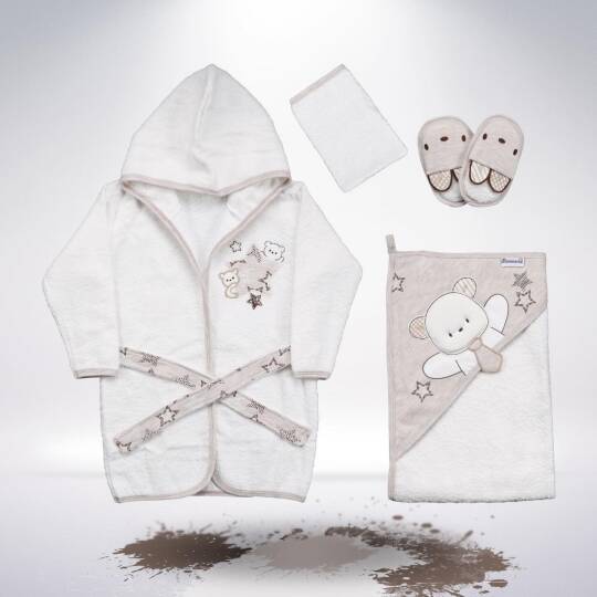 Miniworld 0-3 Ay Kapüşonlu Bornozlu 4’lü Banyo Seti – Bej