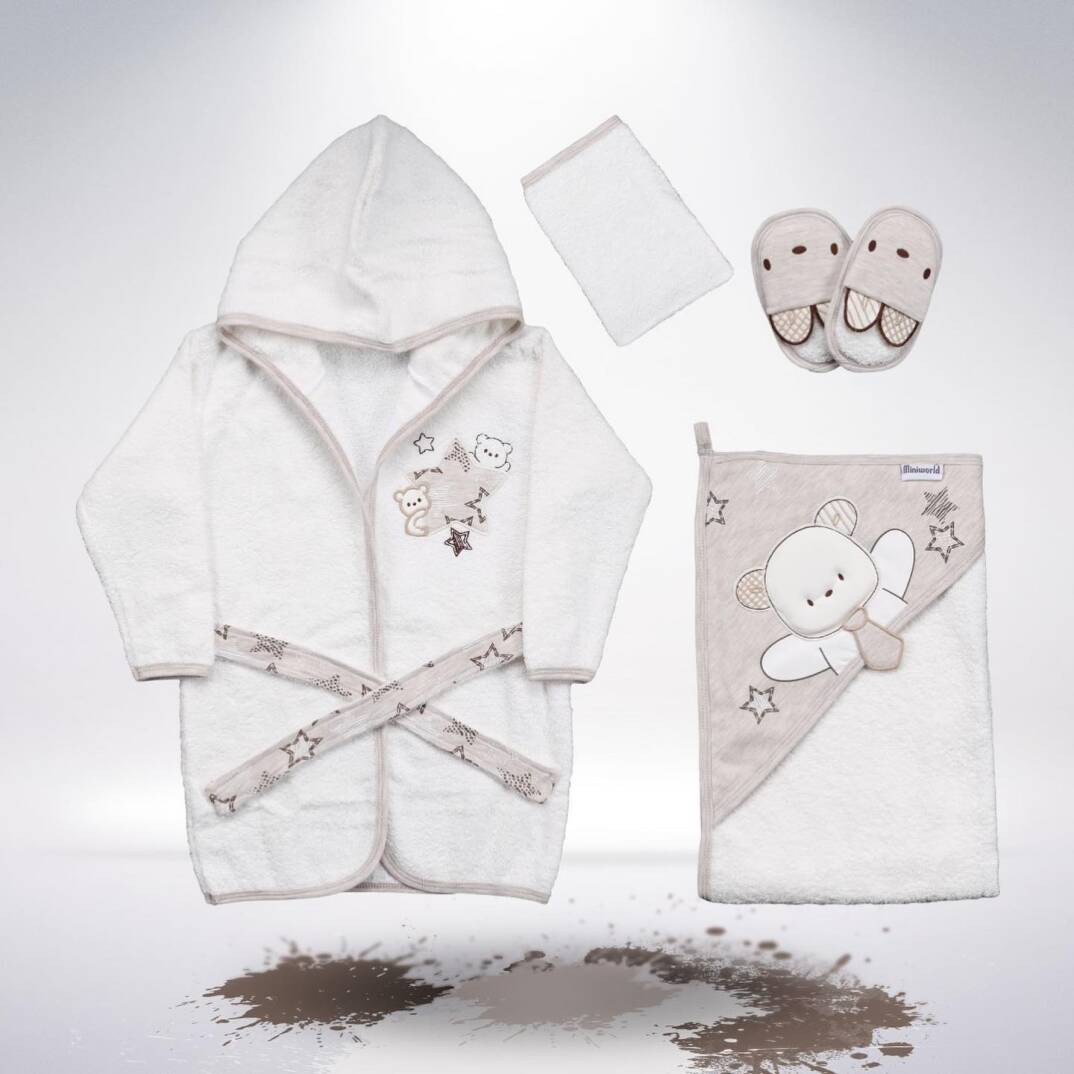 Miniworld 0-3 Ay Kapüşonlu Bornozlu 4’lü Banyo Seti – Bej - 1